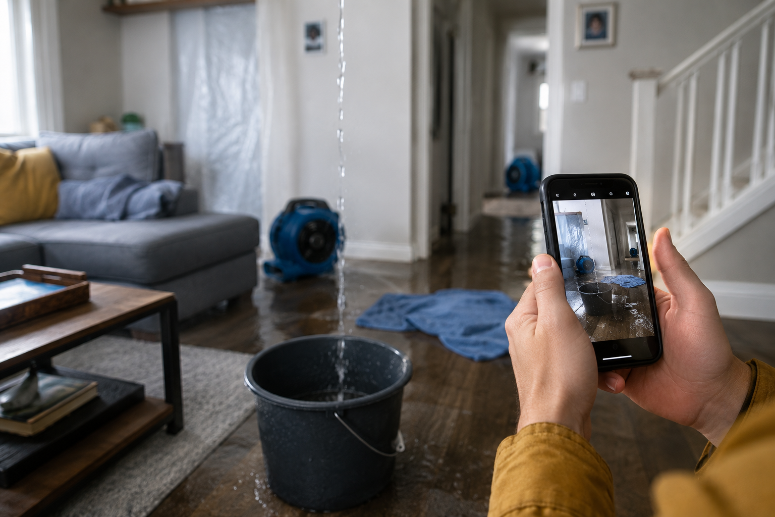 Person holds a phone to document a flooded living room, with water dripping from the ceiling and a black bucket on the floor near a blue dehumidifier/repair equipment.