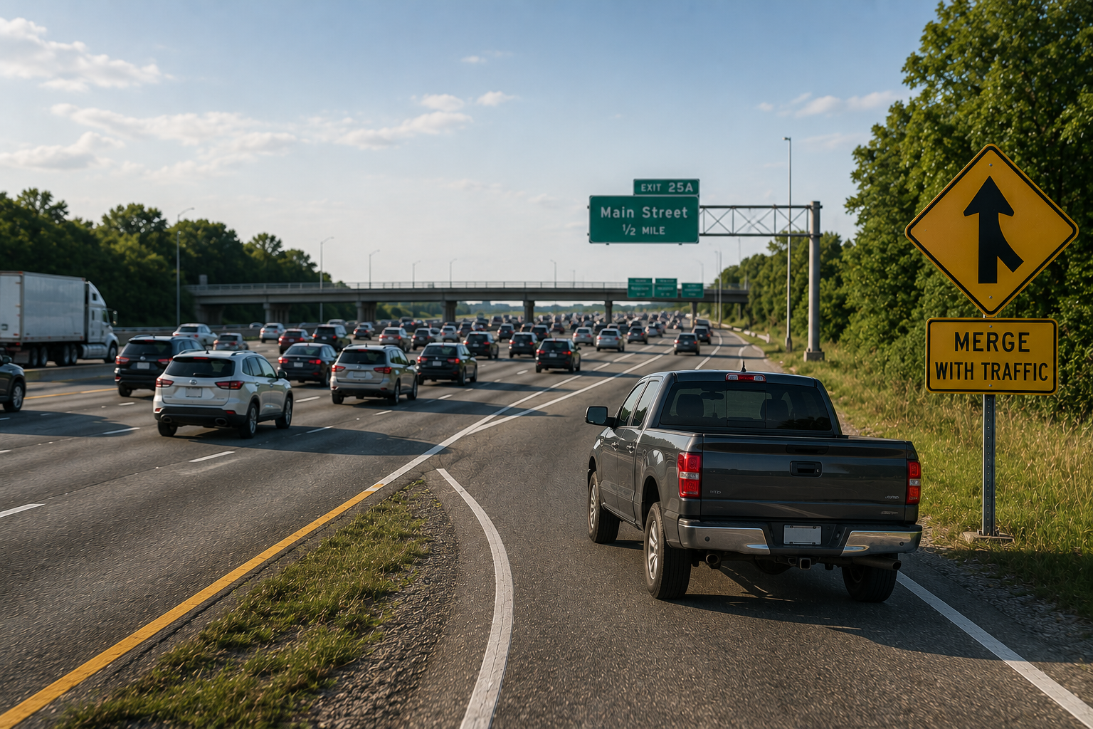 Grey pickup truck on the shoulder of a busy highway next to a 'Merge with Traffic' sign and green exit signs ahead.