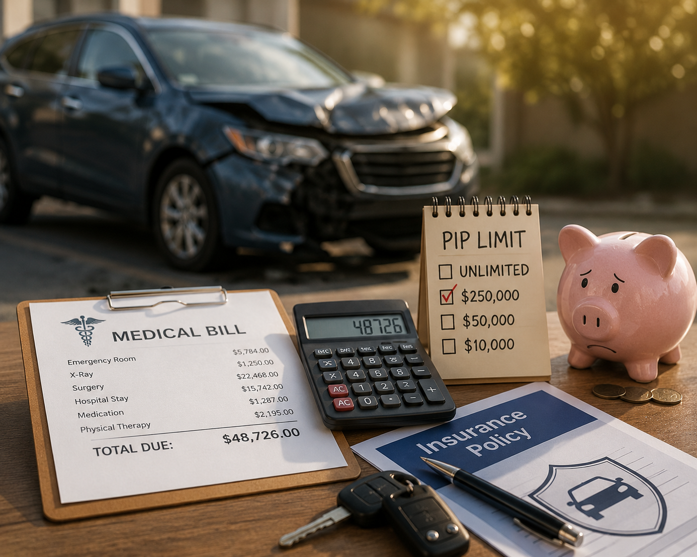 Damaged blue car after a crash; on the table are a medical bill, calculator, insurance policy, a PIP limit note, a pink piggy bank, and car keys.
